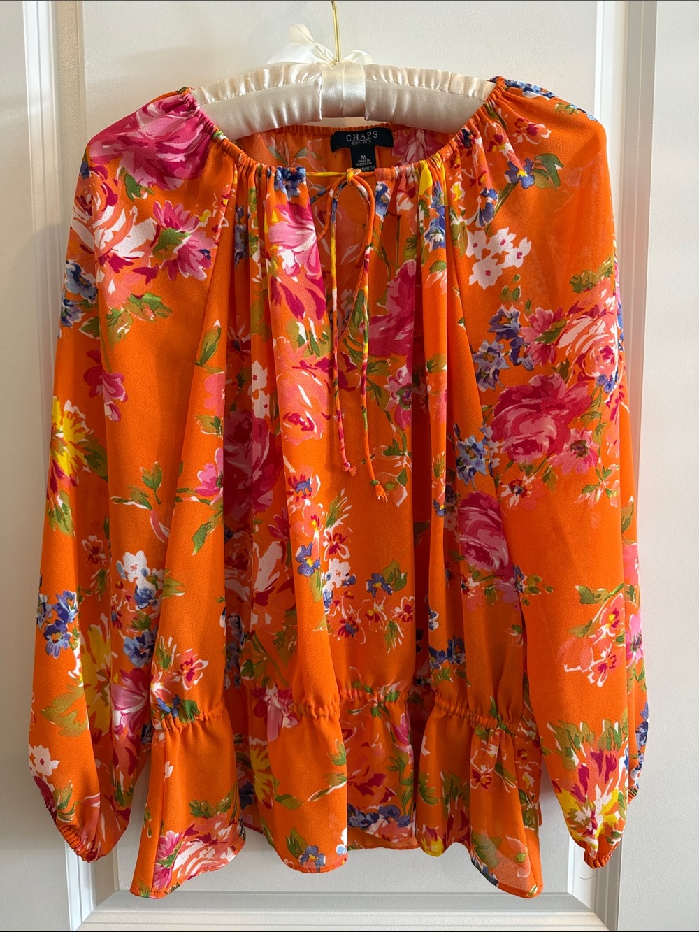 Chaps Bright Orange Floral Tie-Neck Blouse